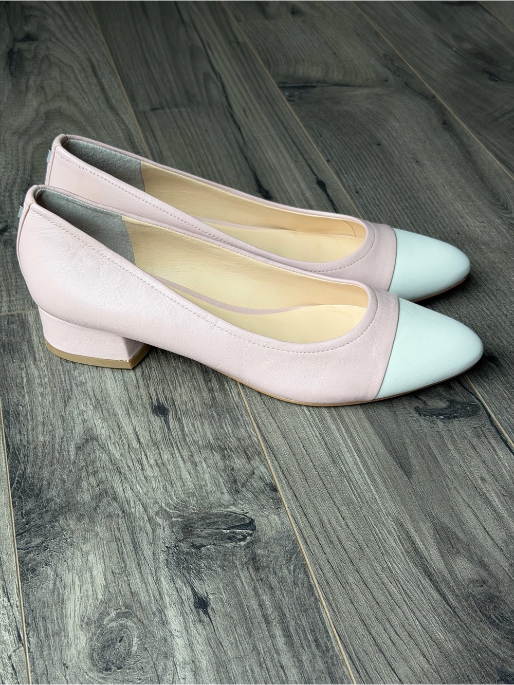Ivanka Trump Larrie Leather Cap Toe Pump Heels Pink and White Two-Tone Low Block